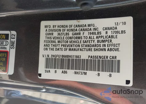 2011 Honda Civic Lx from USA, damaged, VIN 2HGFG1B68BH511663